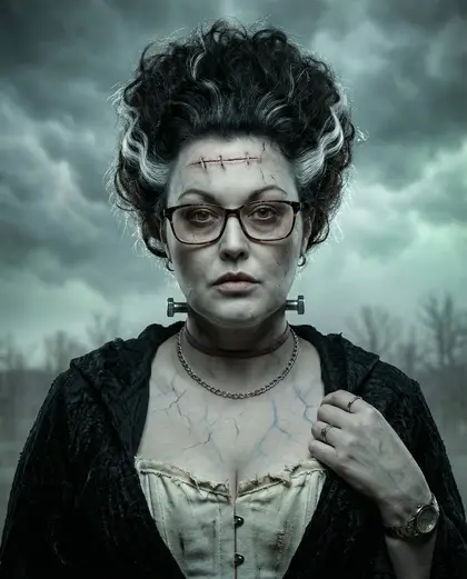 A Halloween portrait: a woman styled as the Bride of Frankenstein under a stormy sky